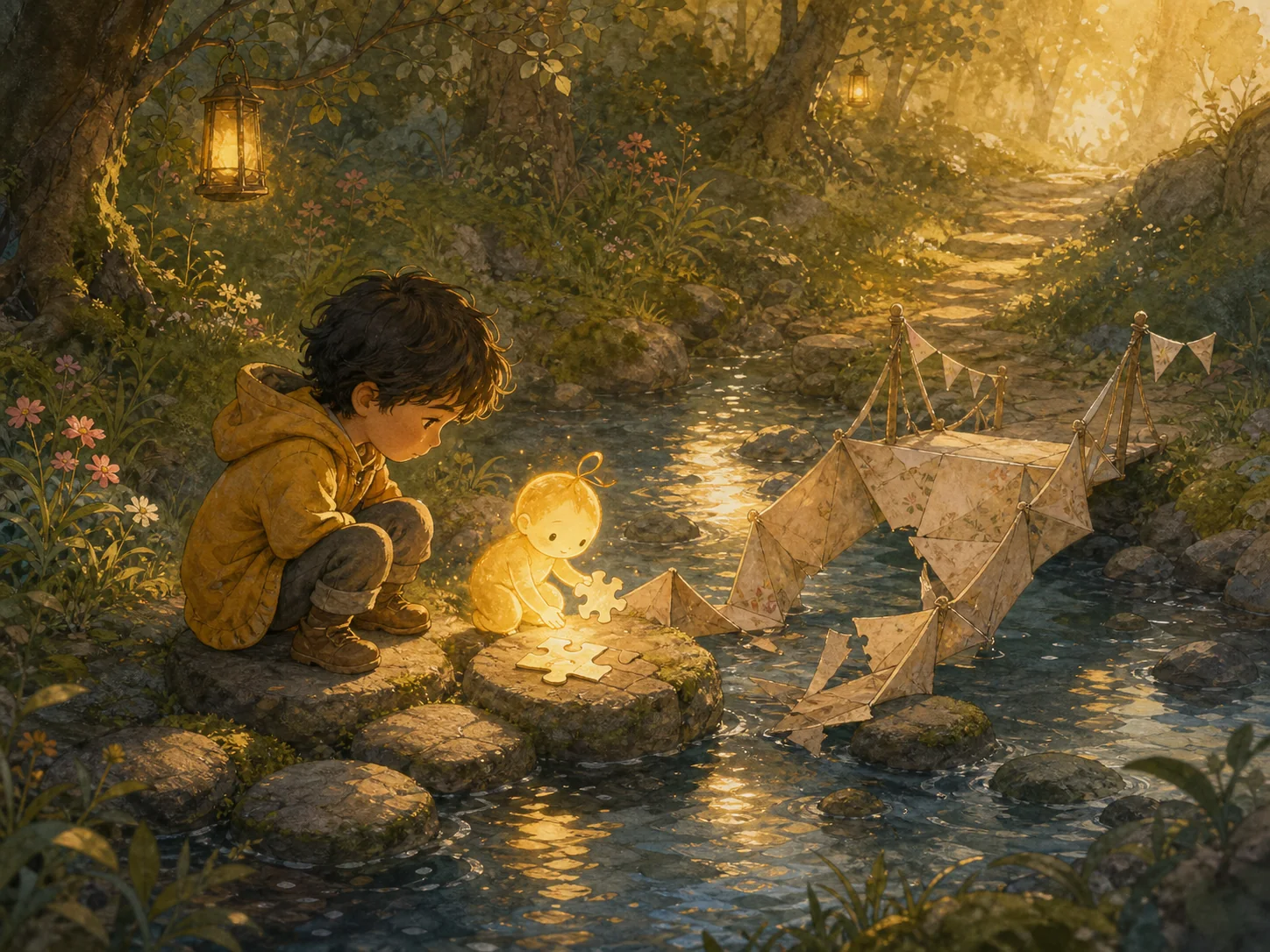 A painted learning moment at a stream where a companion gently helps rebuild a bridge.