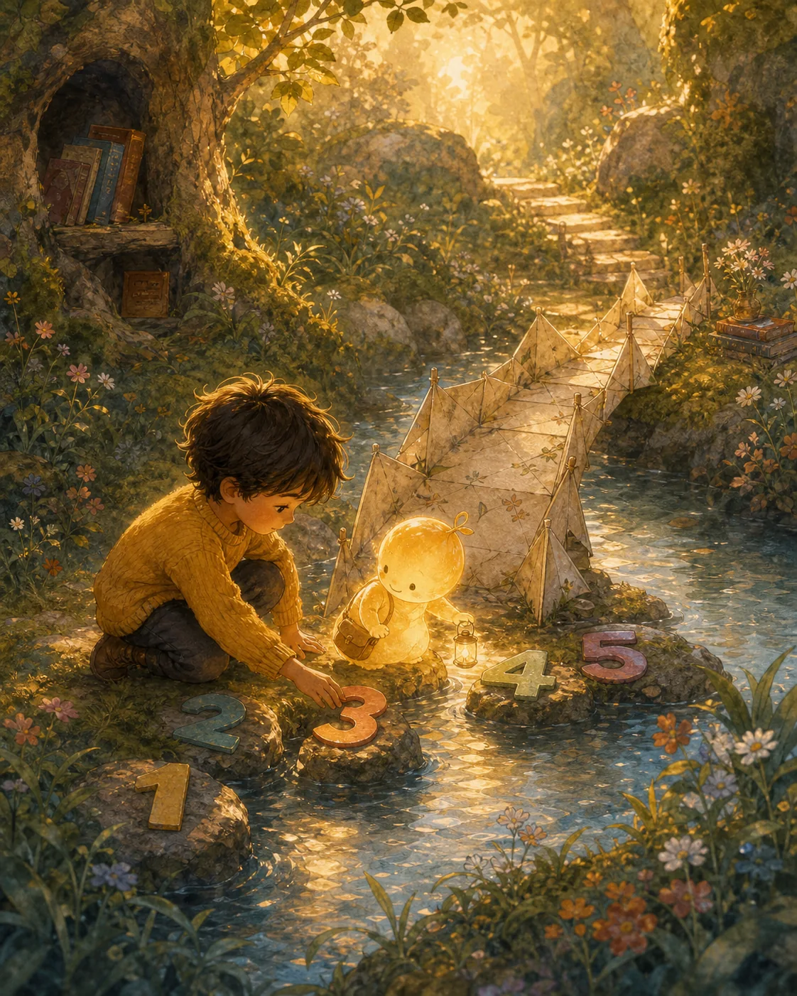 A child and gentle glowing companion working together beside a paper bridge in a painted woodland.