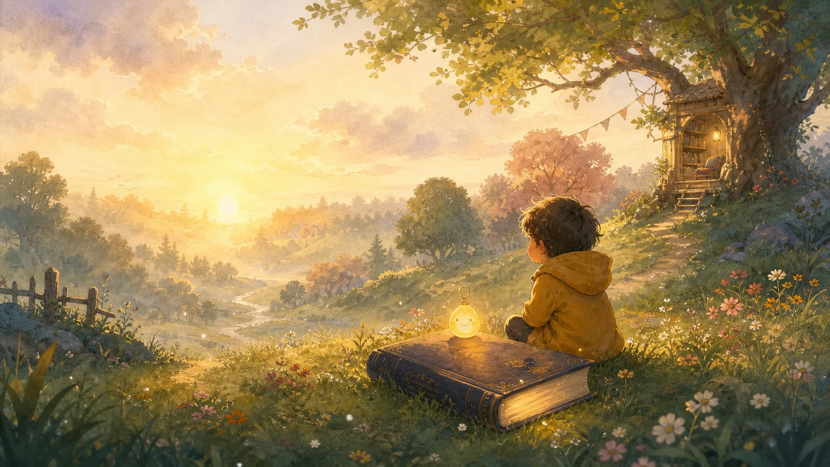 A child sitting beside a glowing storybook and gentle lantern companion in a warm illustrated valley.